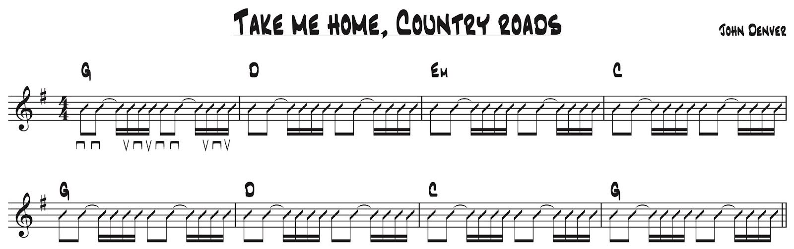 Strumming pattern and chord progression G &ndash; D &ndash; Em &ndash; C &ndash; G &ndash; D &ndash; C &ndash; G for &lsquo;Take Me Home, Country Roads&rsquo; by John Denver in standard notation.