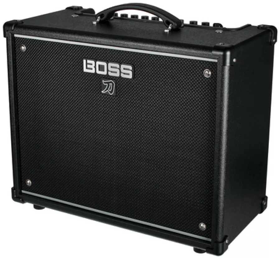 Boss Katana guitar combo amplifier in black, angled front view with top-mounted controls and carry handle.