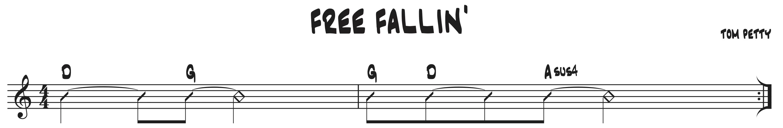 Strumming pattern and chord progression D – G – G – D – Asus4 for ‘Free Fallin’’ by Tom Petty in standard notation.