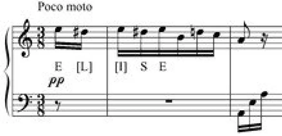 Anfangsmotiv aus den Tonbuchstaben des Namens E-L-I-S-E, notiert mit Violin- und Bassschlüssel