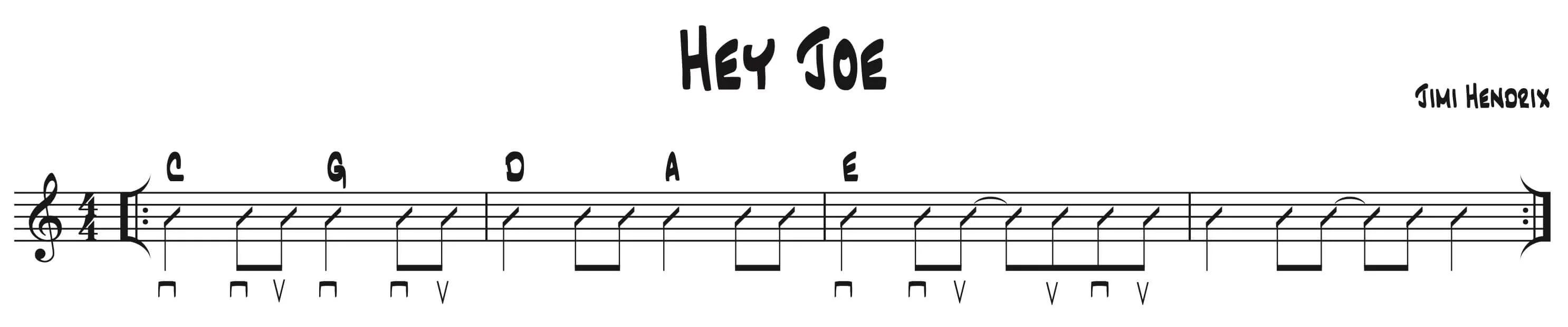 Strumming pattern and chord progression C – G – D – A – E for ‘Hey Joe’ by Jimi Hendrix in standard notation.