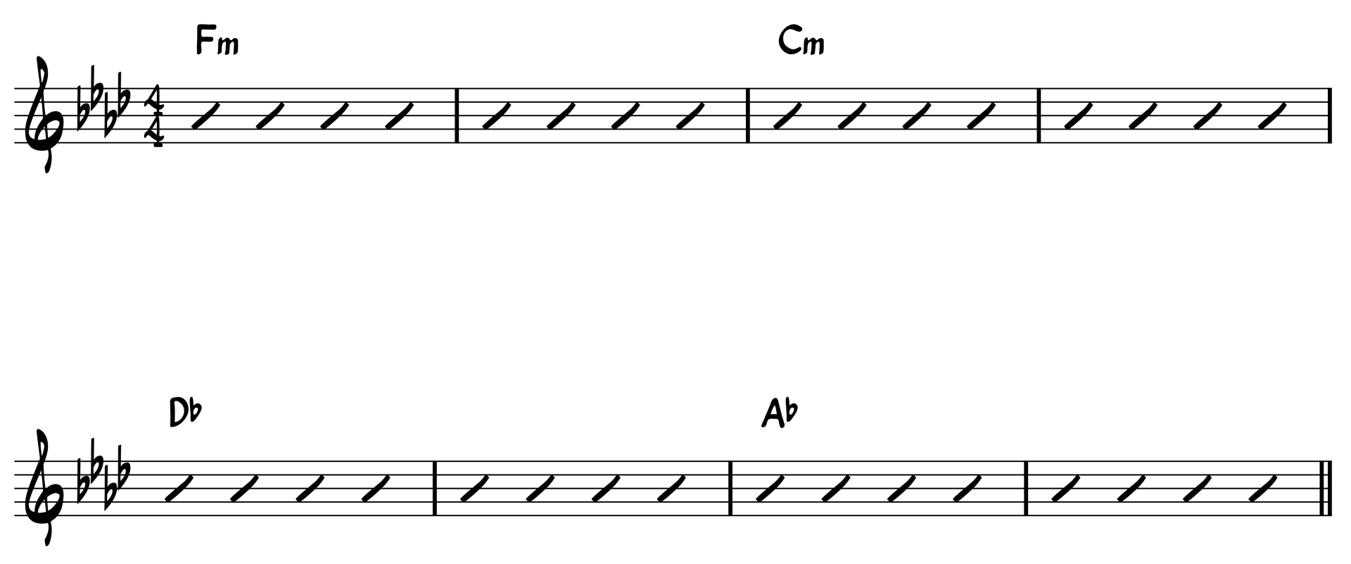 Notenbeispiel mit Melodie und Akkorden in F‑Moll, C‑Moll, D‑Moll und A‑Moll.