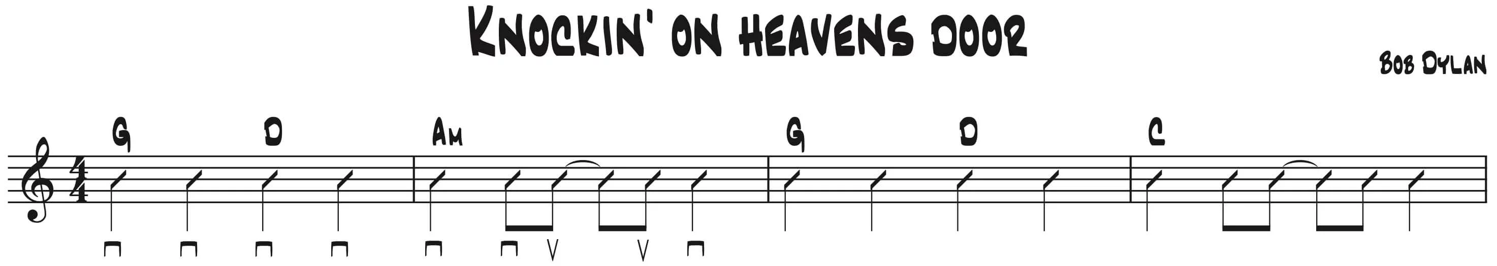 Strumming pattern and chord sequence G – D – Am – G – D – C for ‘Knockin’ on Heaven’s Door’ by Bob Dylan in standard notation.