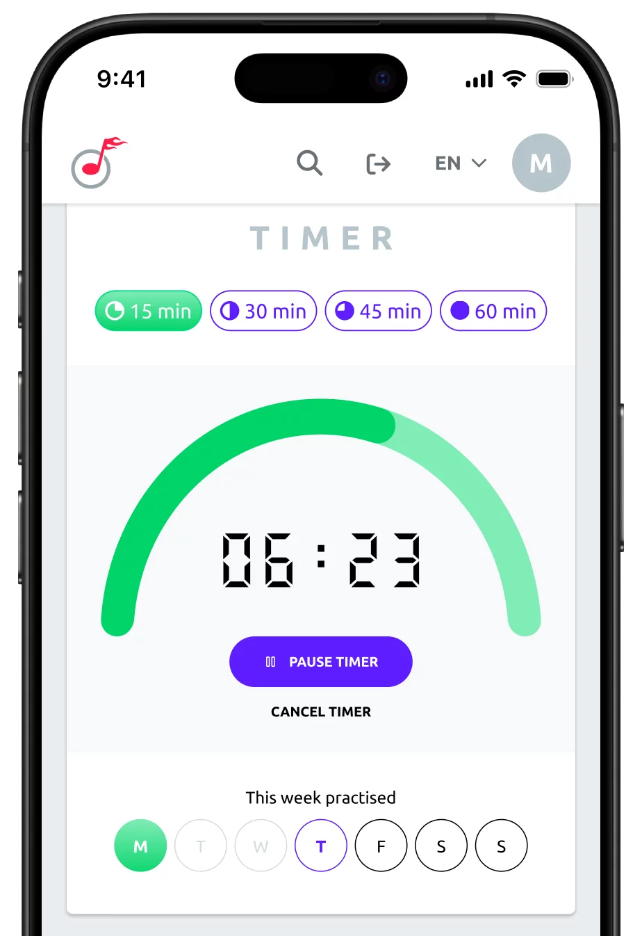 Display of the timer for tracking learning time