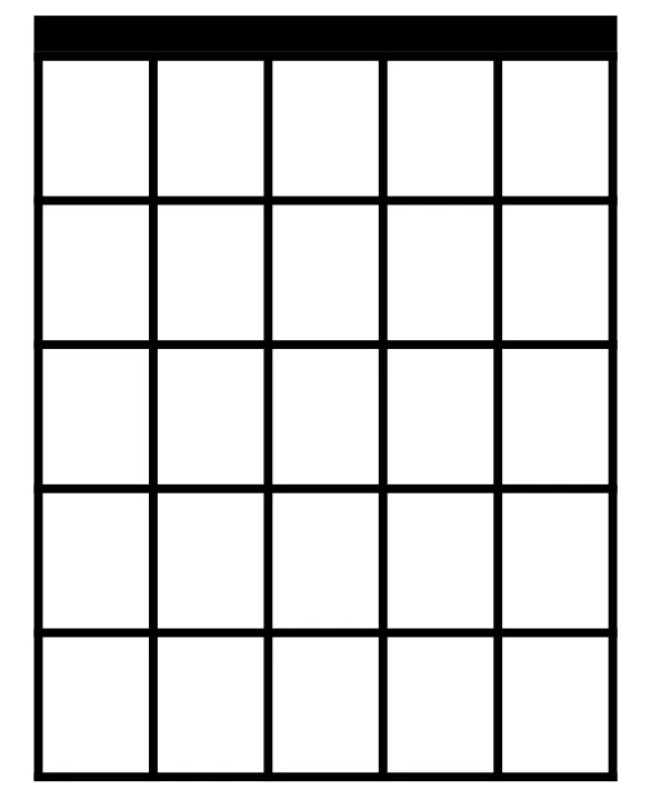 Leeres Akkorddiagramm: sechs Saiten (E–A–D–G–B–E), fünf Bünde, dicke obere Linie als Sattel.