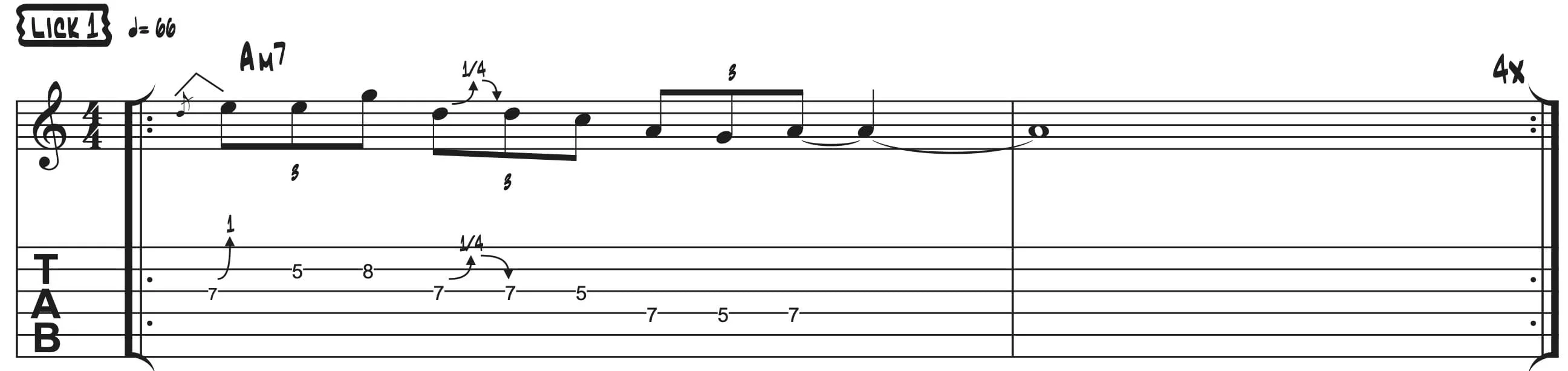 Noten- und TAB-Darstellung von Lick 1 in A-Moll-Pentatonik (Pattern 2), als Hörbeispiel für Gitarren-Solos, mit Am-Akkord, Bends und Slides