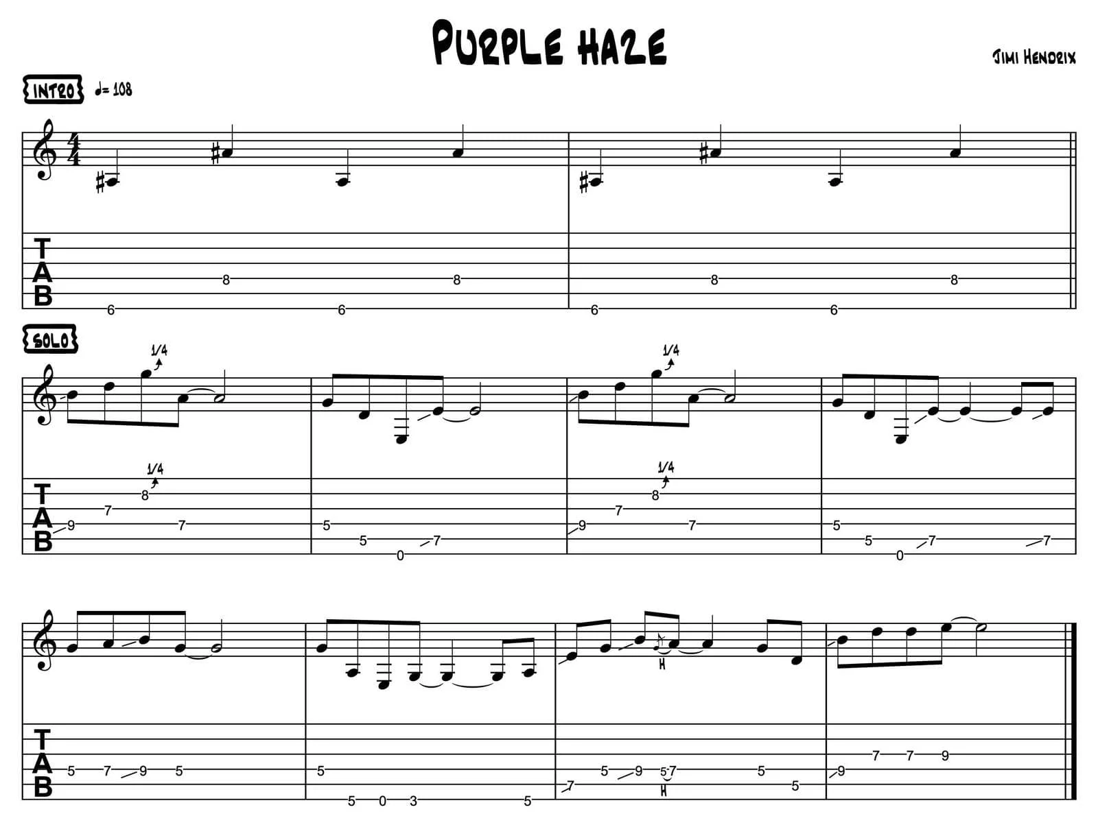 TAB-Notation für Purple Haze Intro von Jimi Hendrix.