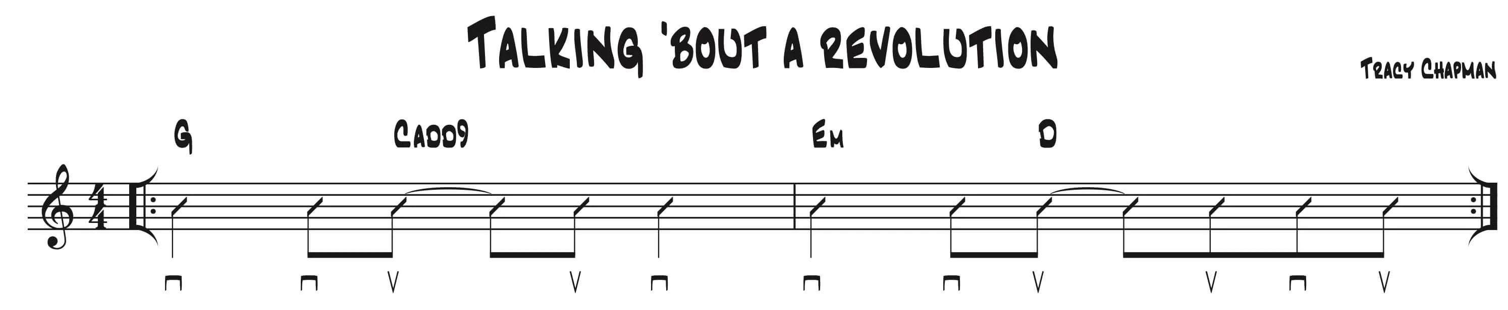 Strumming pattern and chord progression G – Cadd9 – Em – D for ‘Talkin’ ’bout a Revolution’ by Tracy Chapman in standard notation.