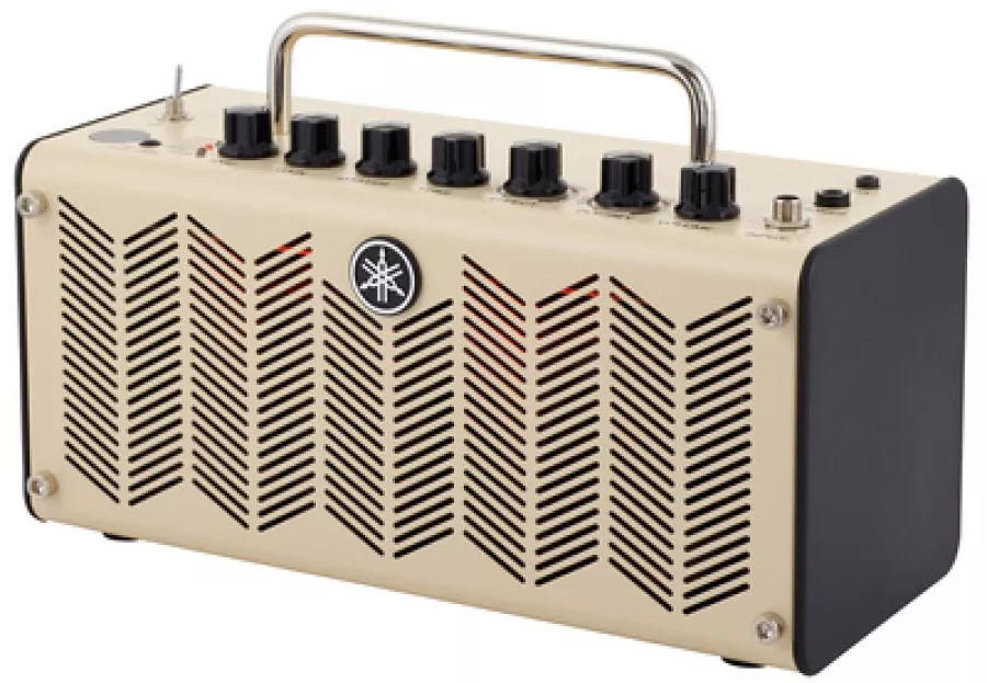 Yamaha THR desktop guitar amp in cream with retro grille pattern, top handle and control knobs